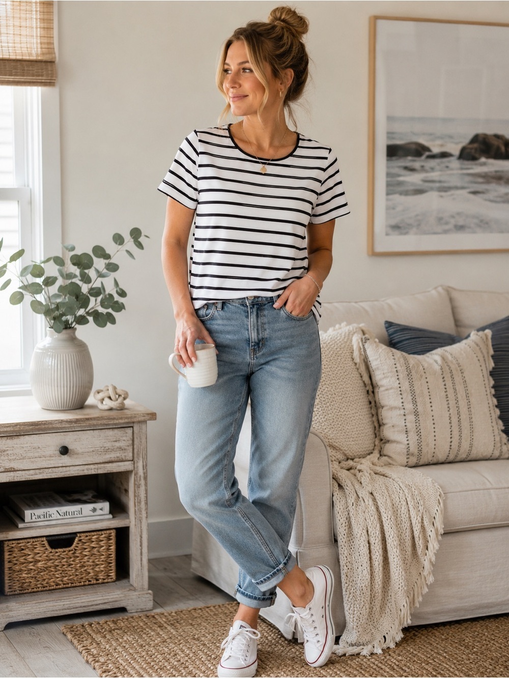 Coral Bay White & Black Striped Short Sleeve Top Size L | Classic Casual Tee